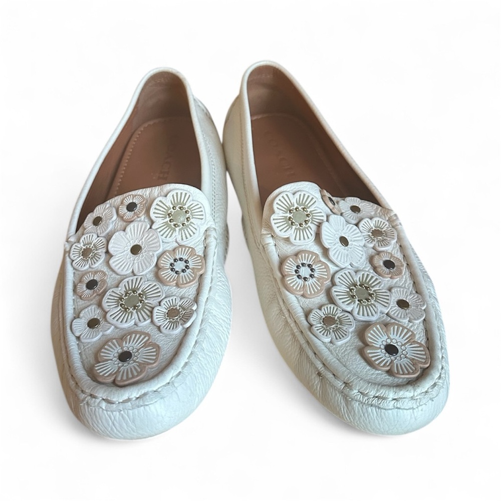 Coach White Floral Appliqué Leather Loafers - Picture 2 of 7